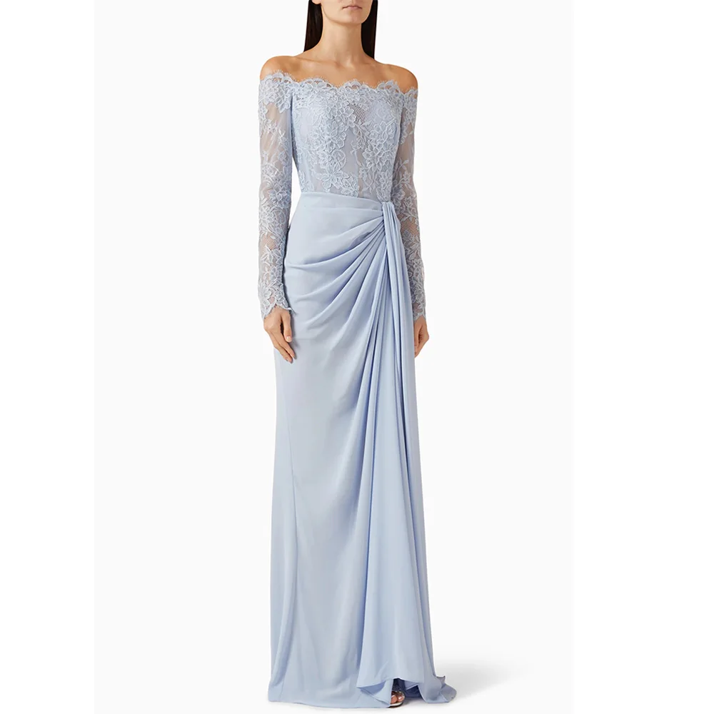 Neu eingetroffenes Abendkleid mit hohem Schlitz, maßgeschneidert, U-Boot-Ausschnitt, lange Ärmel, Spitze, saudi-arabisches Abendkleid