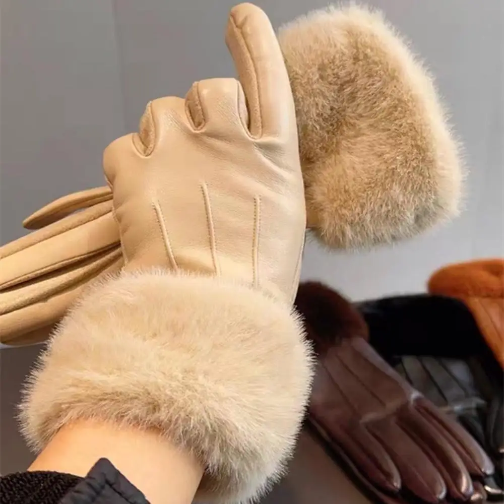 

Роскошные зимние женские перчатки с отделкой из искусственного меха, перчатки с манжетами для холодной погоды, уличные перчатки для вождения, перчатки для вечеринок с термоподкладкой