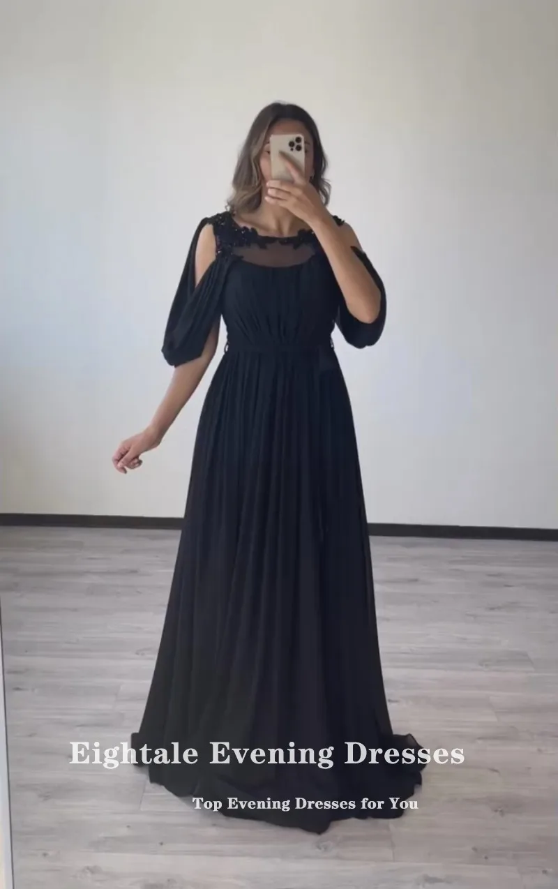 Abiti da sera da donna formali ottavi lunghezza del pavimento arabo Appliques o-collo nero a-line abiti da ballo per feste robe de soirée