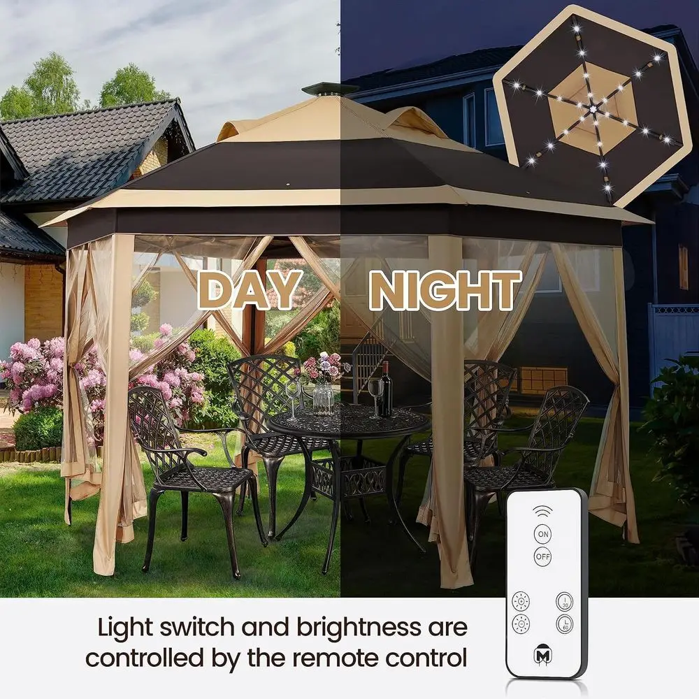 Hexagonal 13x13 Gazebo Tent with Mesh Sides and 25 LED Lights, Adjustable Height, Ideal for Backyard, Garden, Lawn in Khaki & Br