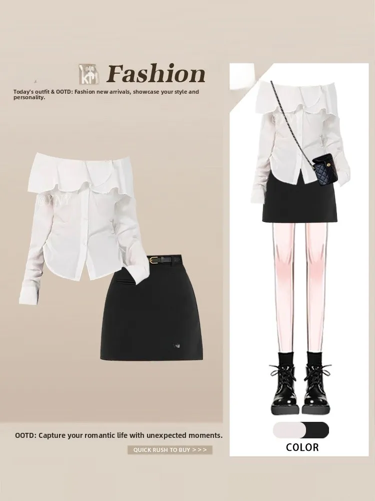 

Autumn New Design One oulder Lace Trim High Waist irt Women's Matching A-Line Skirt Two Piece Set Casual Faion