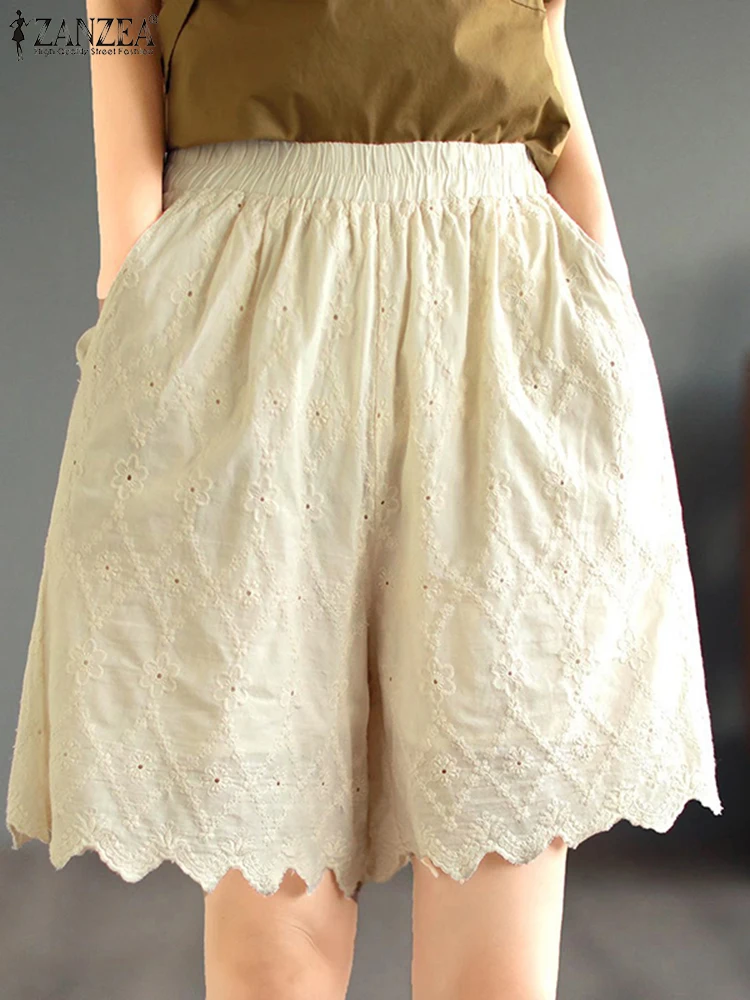 

Summer Elastic Wasit Shorts ZANZEA Bohemain Holiday Trousers Women Embroidered Floral Shorts Stylish Casual Hollow Out Shorts