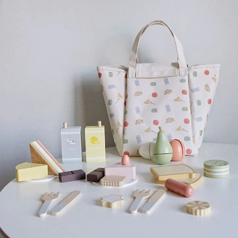 Faire semblant de jouer en bois pour enfants, sac de gâteau de pique-nique, nourriture de cuisine, jouets pour filles