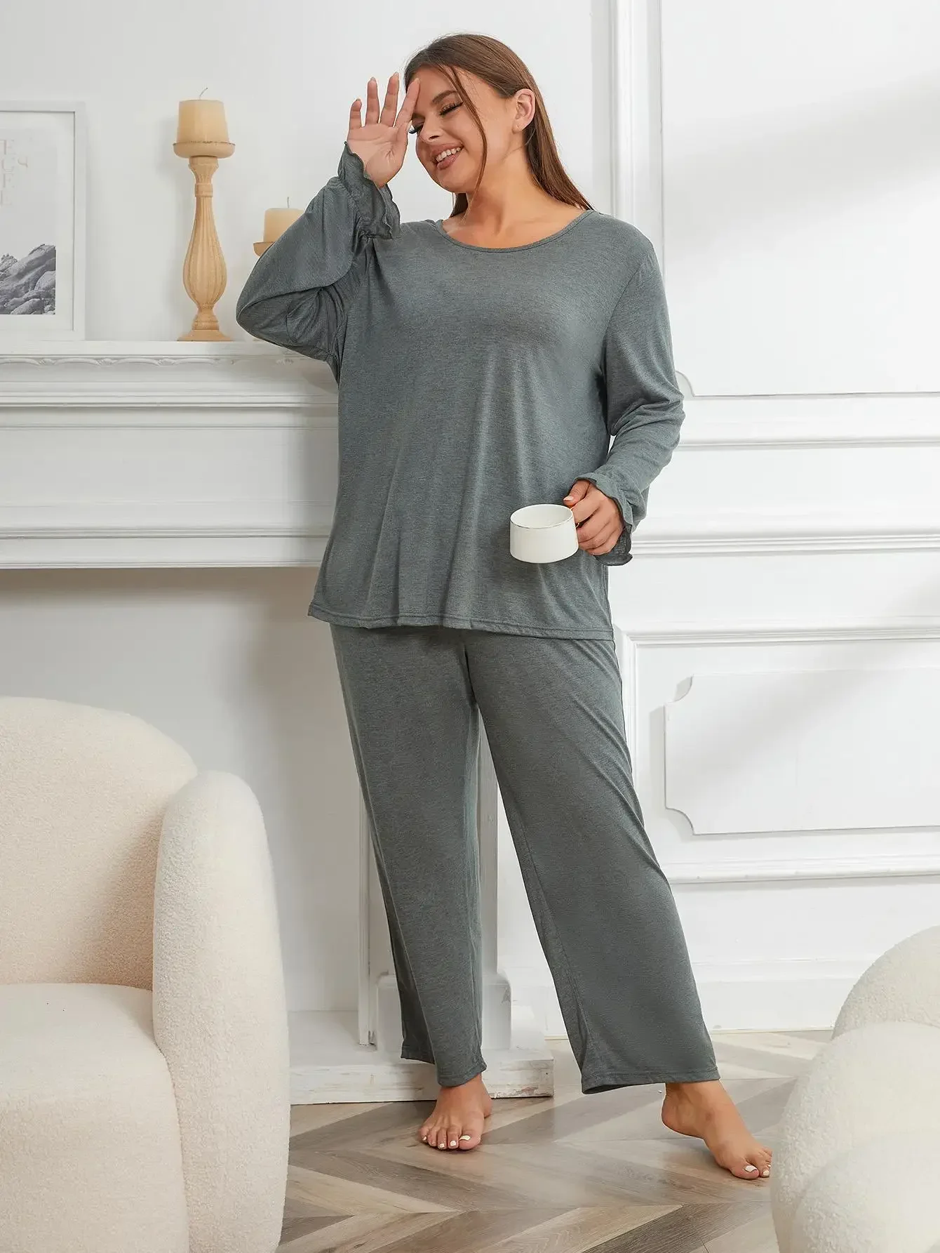 Plus Size Women Pajama Set Solid Long Sleeve Top&Full-Length Pants Female 2 Pieces Sleepwear Ruffle Fall Nightwear Homwear Cloth