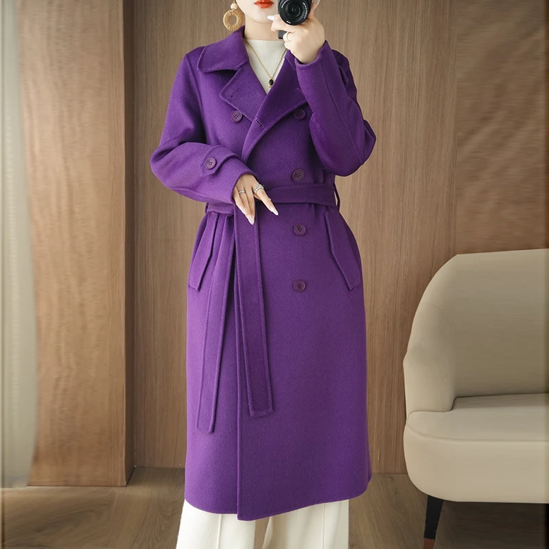 

Двубортное женское пальто из 100% чистой шерсти, толстая длинная шерстяная куртка для путешествий, осенне-зимняя женская одежда с завязкой на талии