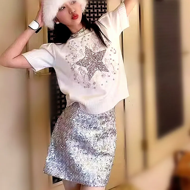 Shinny Skirt Suits Summer Women Embroidery Knitted Diamonds Tops And Mini Sequined Silver Skirt Tracksuit Clothing Set NZ214