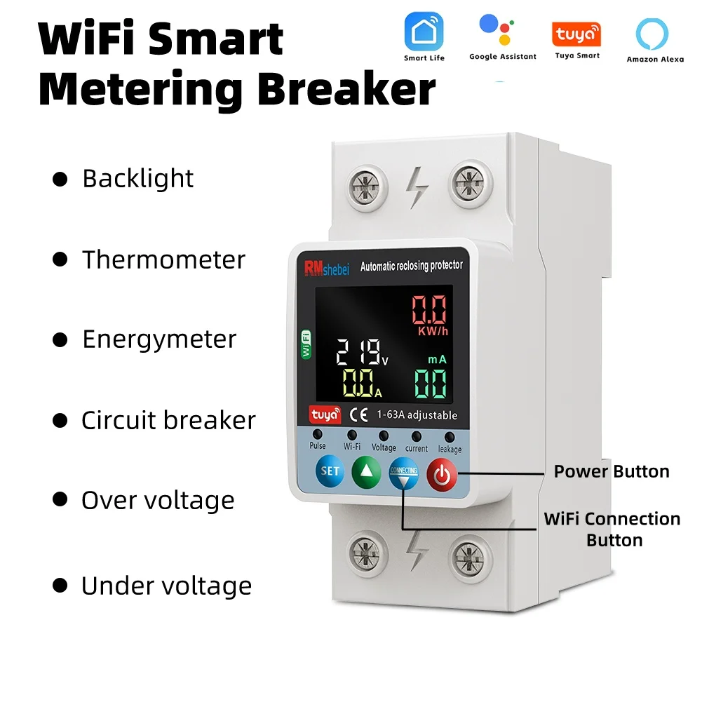 RMshebei Tuya Smart WiFi Circuit Breaker 2P 63A Double Break Timing Switch Overvoltage Undervoltage Overload Leakage Protection
