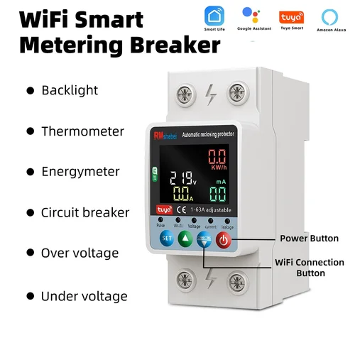 Imagen 2 del producto RMshebei Tuya WiFi inteligente disyuntor 2P 63A interruptor de sincronización de doble rotura sobretensión bajo voltaje protección contra fugas de sobrecarga