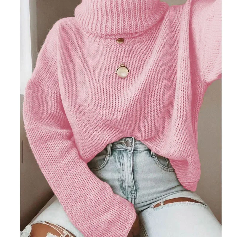 Neon Orange Loose Turtleneck Women Sweaters 2023 Autumn Winter Pullovers Tops Sexy Hollow Backless Knitted Pullovers wholesale