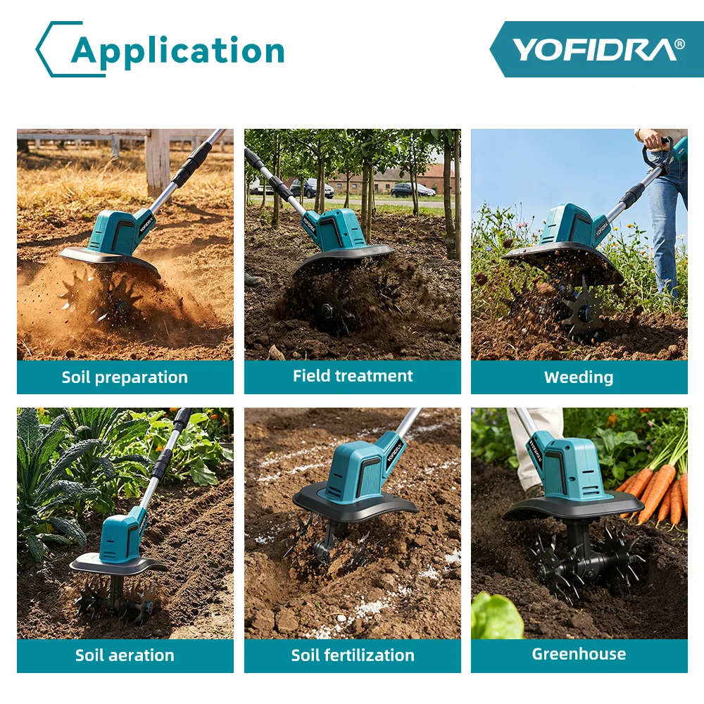 YOFIDRA Elektrische Gartenfräse, Kultivator, Vertikutierer, faltbare Bodenfräse, Bodenlockerer, Gartenwerkzeug für Makita 21V Akku – Detail 20