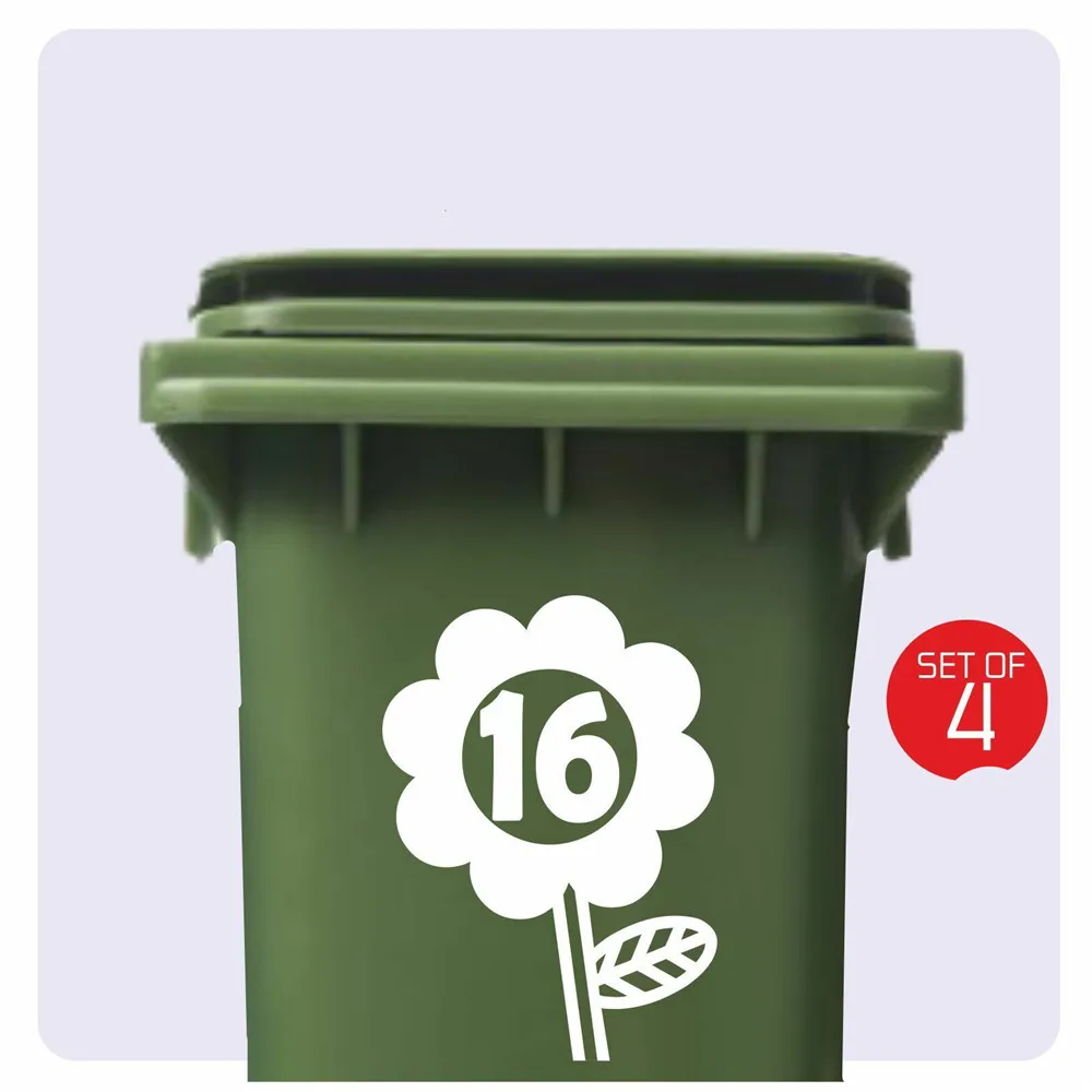 Özelleştirilmiş 4x WHEELIE BIN STICKER EV NUMARASI - ÇİÇEK - HERHANGİ BİR RENK