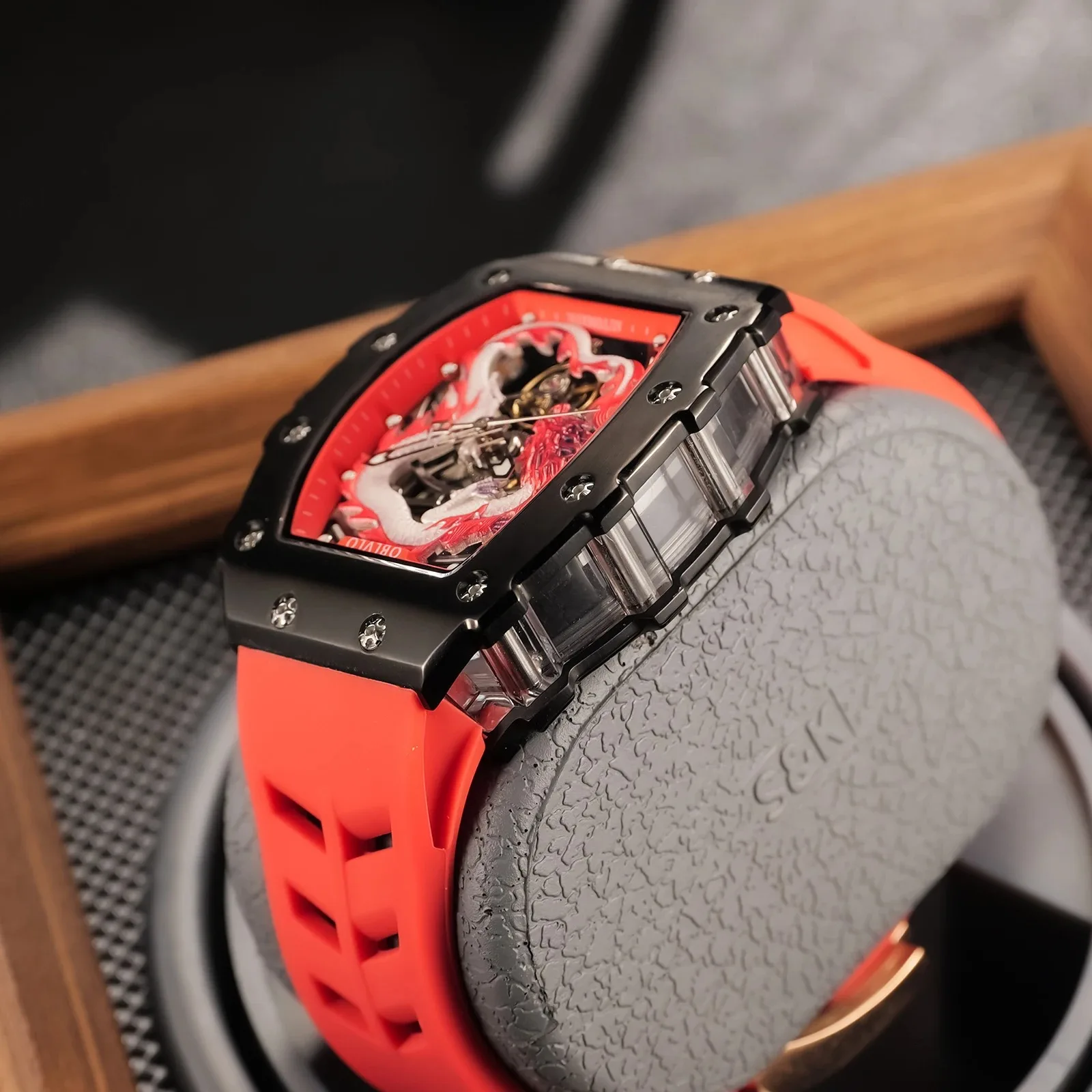OBLVLO ساعة أوتوماتيكية للرجال Tonneau ساعة يد ميكانيكية هيكل عظمي التنين الهاتفي الياقوت 50 متر مقاوم للماء مضيئة #1