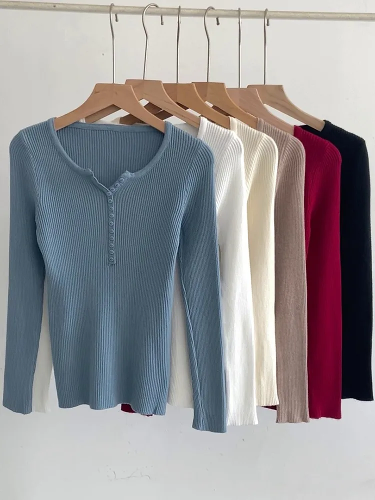 2024 Autumn Winter Button V Neck Sweater Women Basic Slim Pullover Women Sweaters And Pullovers Knit Jumper Soft Warm Tops