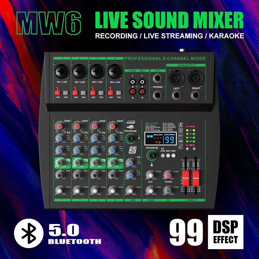 

YAMNWEO MW-6-BLACK 6 Channel Professional Audio Mixer Sound Board Console 99 DSP Effects 48V Phantom Power Bluetooth 5.0 USB Recording Audio Interface for Karaoke Live Streaming Studio Recording DJ Mixer
