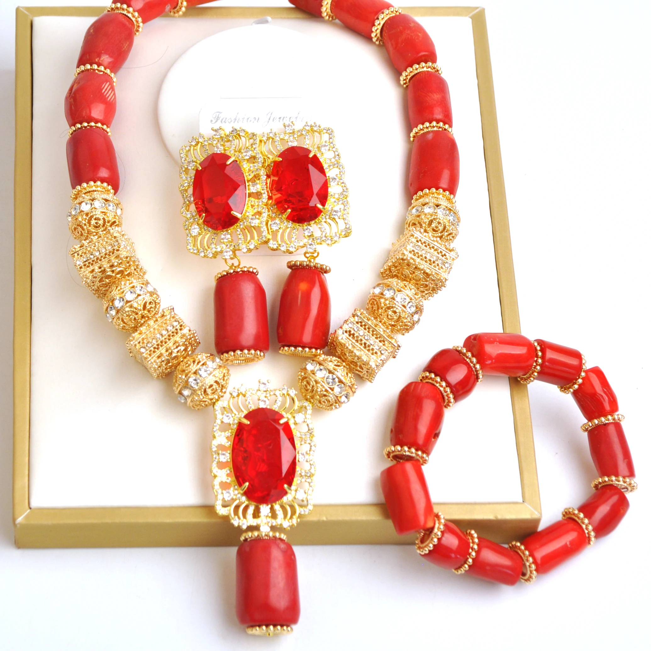 

Fashion Nigerian Wedding Real Red Coral Jewelry Set African Beads Jewelry Set