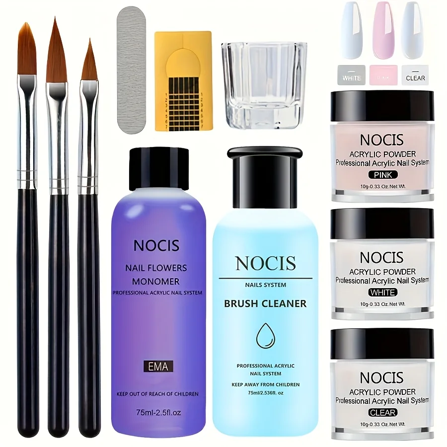 NOCIS Premium Acryl-Nagelset – Enthält klares, rosafarbenes Nude-Puder, nicht vergilbende Flüssigkeit, Pinselreiniger und professionelle Nagelkunstwerkzeuge