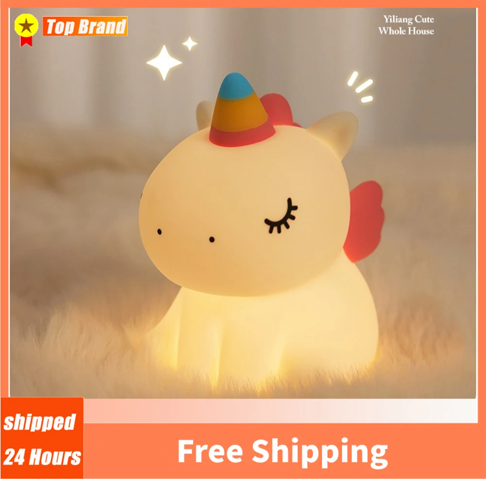 

Unicorn Night Light Cute Silicone Night Lights Creative Pat Lamp Touch USB Charging Cartoon Bedroom Decor Children Birthday Gift