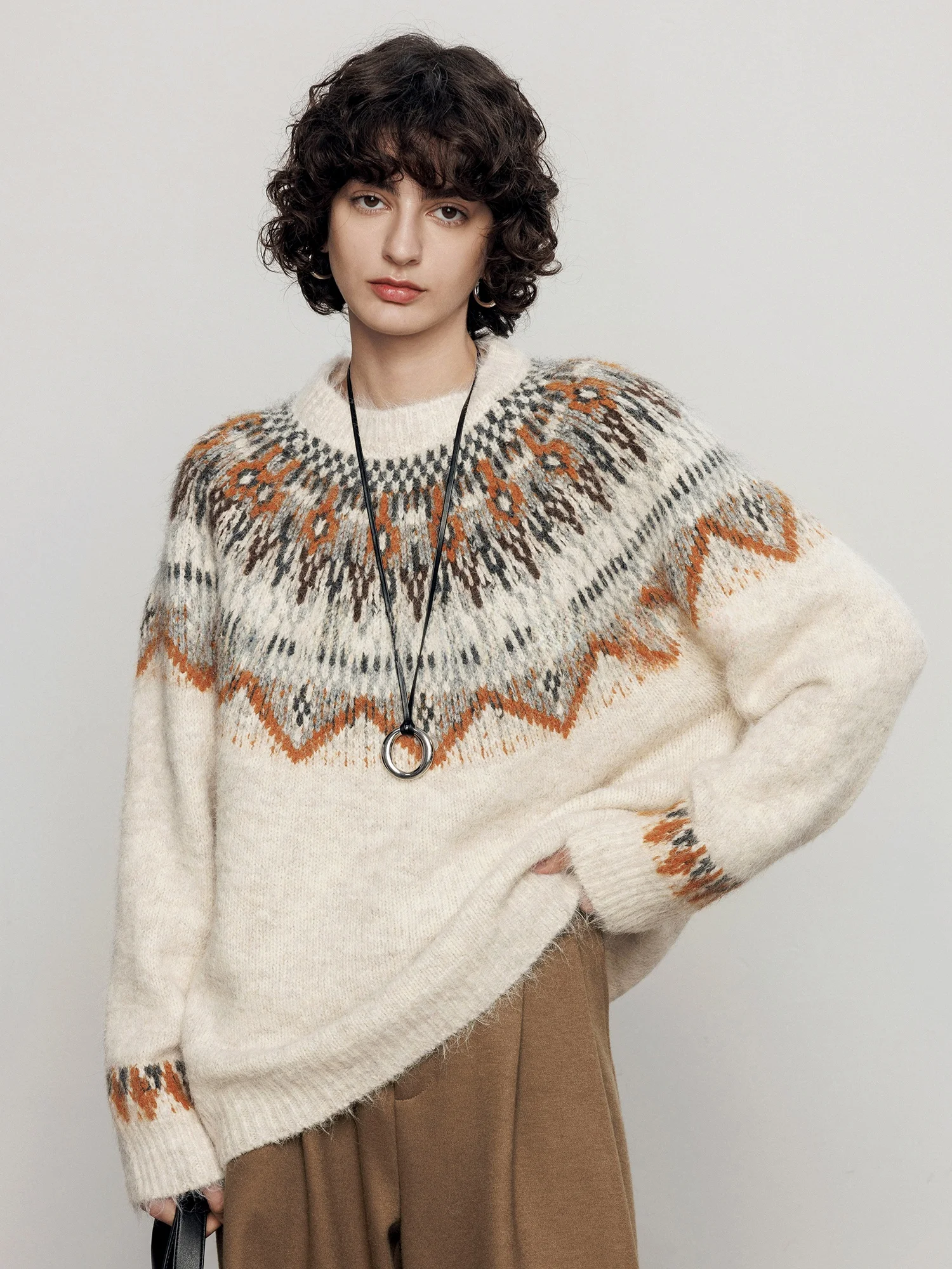 

Винтажный шерстяной свитер Maiherer с узором Fair Isle, круглый вырез, женский, свободный, мягкий, вязаный топ, повседневный, весна 2026, полиэстер