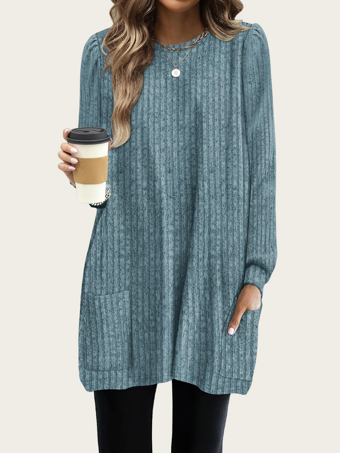 UNIKTEE Women's Long Sleeve round Neck Dress Autumn Winter Comfortable Solid Color Christmas Pockets Women's Dress