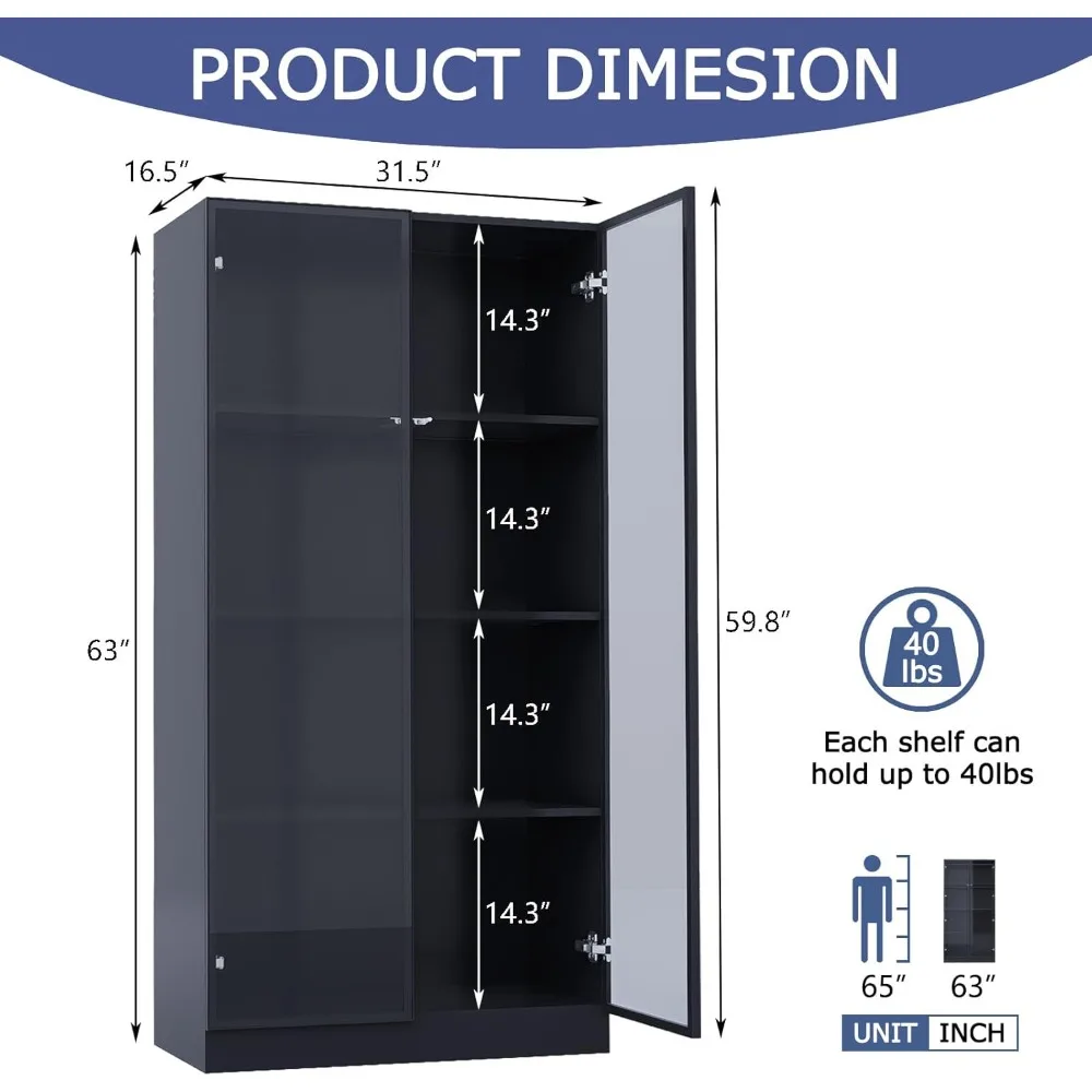 Display cabinet with LED lights, glass display cabinet with 4 shelves, curio cabinet with 2 glass doors