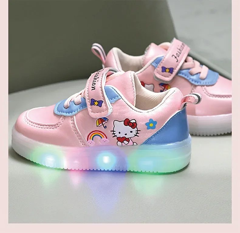 LED Kids Shoes for Girls Cute Cartoon Hello Kitty Shoes Baby Girl Kawaii Canvas Shoes Soft Bottom Sneakers Casual Shoes