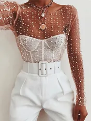 Spring Summer Hot Diamond Pearl T Shirt Top Elastic Crew Neck Mesh Thin Heavy Industry Transparent Women Clothes Y2k Streetwear
