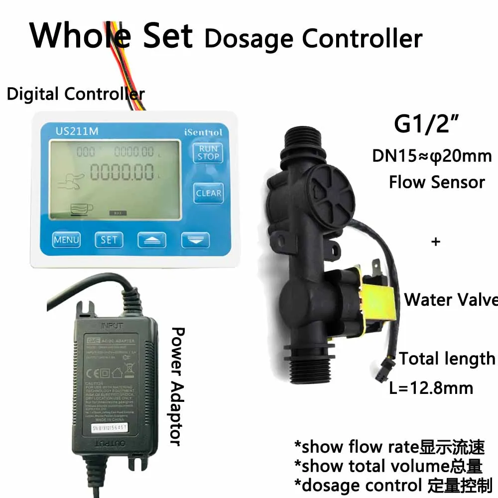 

US211M Dosage Controller Flow Reader and USN-HS21TX integrated hall effect water flow sensor with solenoid Valve