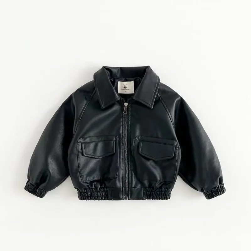 

Autumn Kid Baby Boys Leather Jacket Cotton Solid Turn Down Collar Children Boy Motorcycle Uniform Korean Loose Toddler Boys Coat