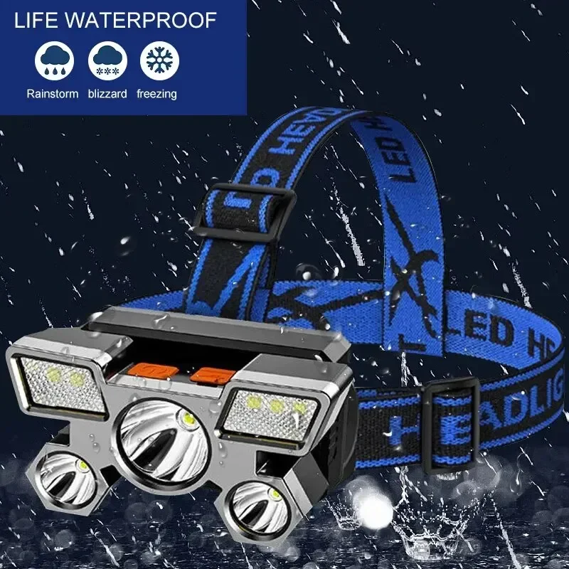 ไฟฉายคาดศีรษะแบบชาร์จไฟได้ทรงพลังสำหรับตกปลา ไฟฉายคาดศีรษะ 5 LED ไนท์คอร์ ไฟฉายคาดศีรษะสำหรับตั้งแคมป์ ไฟฉายสำหรับล่าสัตว์ ไฟฉายคาดศีรษะสำหรับเดินป่า