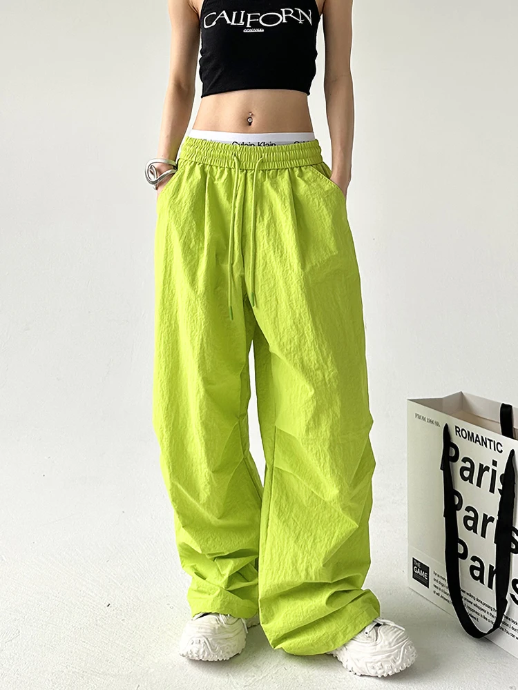 กางเกงกีฬาฟลูออเรสเซนต์สำหรับผู้หญิง ทรงลำลอง ขาตรง ช่วยให้ดูผอม สไตล์สตรีท สวมใส่สบาย เอวสูง กางเกงขายาว