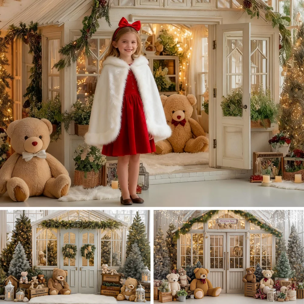 

White House With Bear Christmas Tree Photography Background Green Xmas Decor Kids Birthday Portrait Backdrop Photo Studio Props
