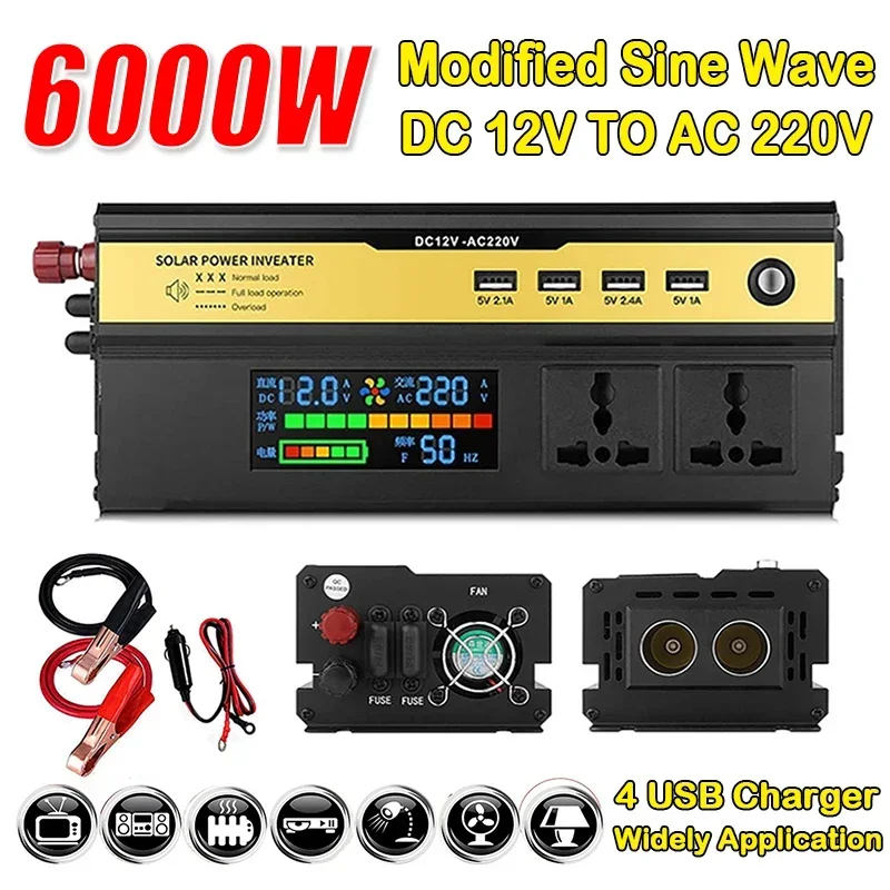 

6000W Modified Sine Wave Power Inverter DC 12V 24V TO 220V Voltage Converter 4USB Charger LCD Digital Display Transformer