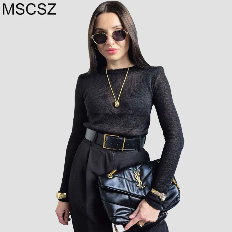 MSCSZ Black See-Though Knitted Sweater Women Fall Thin Mohair Wool Sweater For Women Pullovers O-neck Long Sleeve Top Y2K