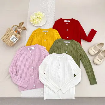 Spring Autumn Vintage Kids Knit Cardigan Solid Color Girl's Sweater Jacket Knitted Girls Clothing Casual Outerwear for 0-10Y Kid