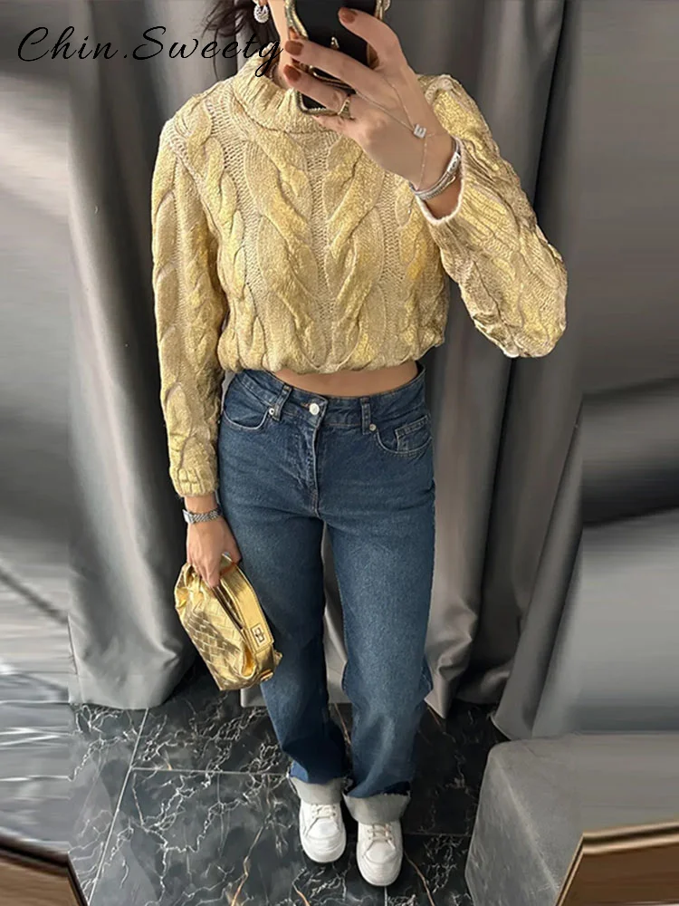 سترة نسائية محبوكة بعقدة ذهبية غير رسمية فضفاضة برقبة دائرية وأكمام طويلة بلوفر نسائي 2026 ربيعي أنيق ملابس تريكو تناسب الجميع