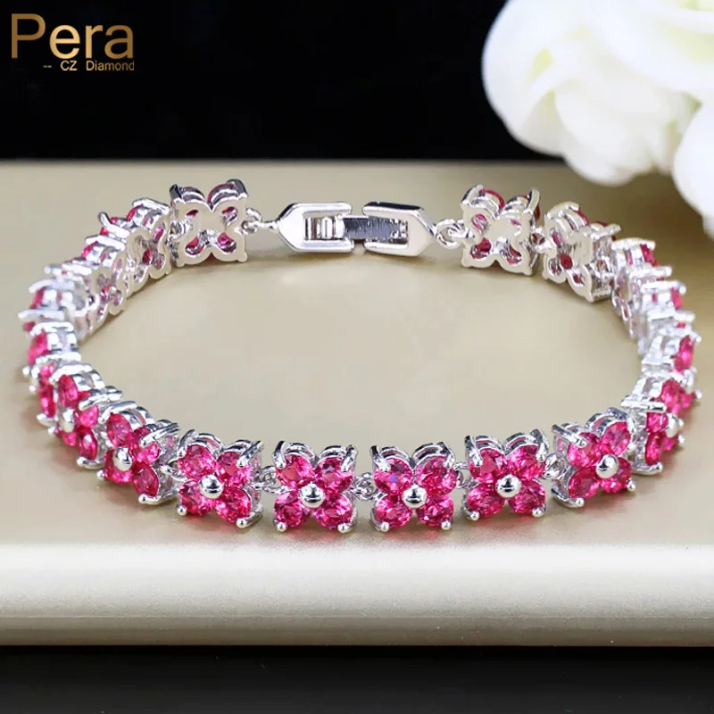 Pera Lovely White Gold Color 4 Leaf Flower Cubic Zirconia Women Fashion Jewelry Tennis Chain Bracelet Bangle with Red Stone B008