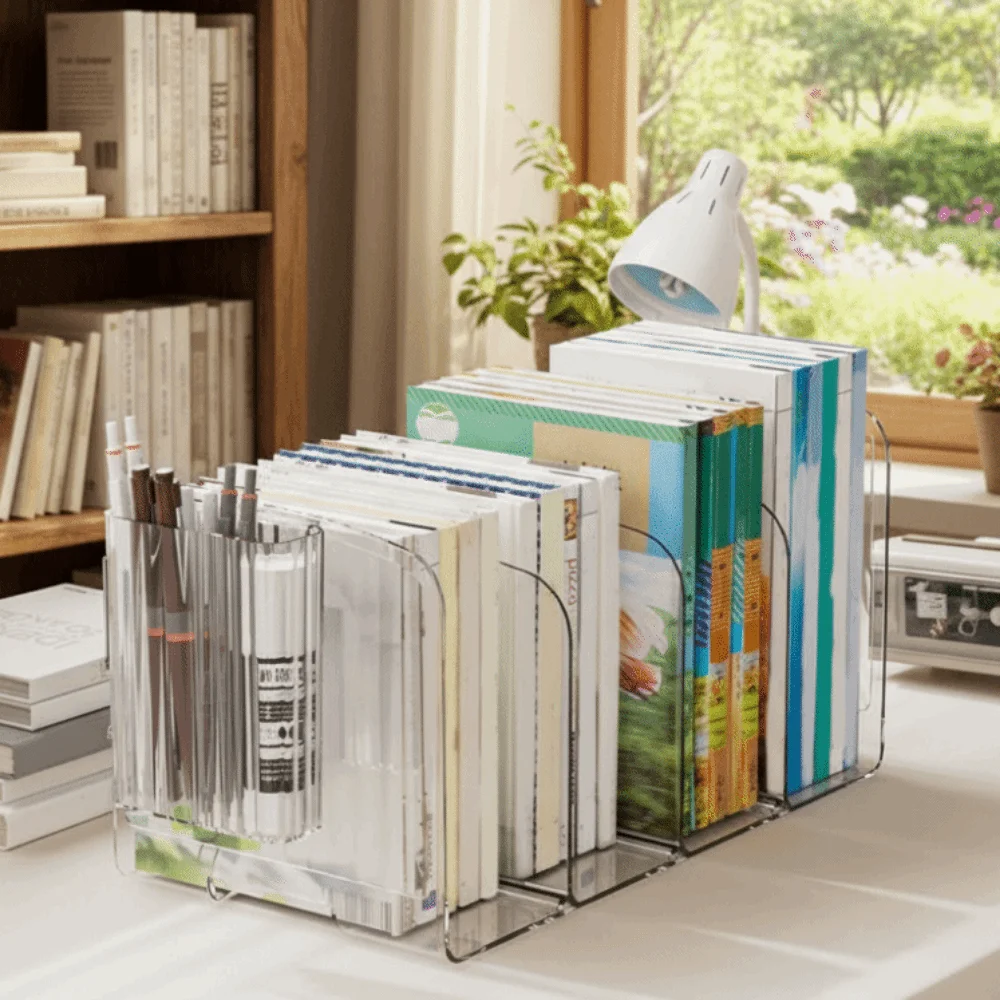 Robuster, verdickter, geteilter Buchständer, platzsparend, mit Griff, Acryl-Buchständer, einfaches, durchsichtiges Bücherregal, Büro