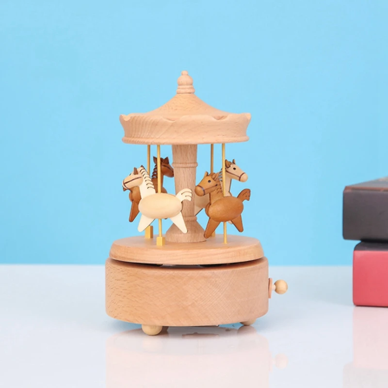 Carousel Music Box, Natural Beech Wood 4-Horse Carousel Clockwork Musical Box For Kids Girls Friends Birthday