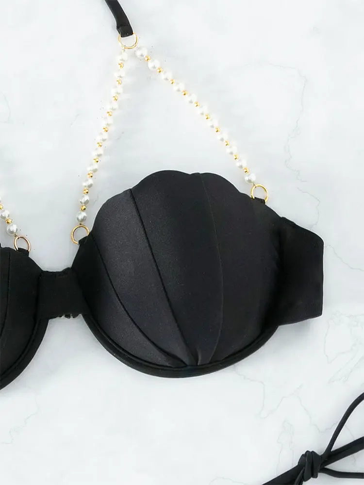 2026 セクシーなシェル型アンダーワイヤービキニ、タイサイドソングビキニ水着、女性用ブラックパールストラッププッシュアップ水着