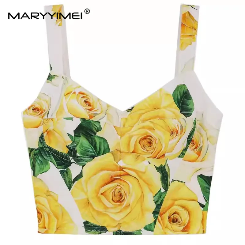 MARYYIMEI Fashion Women\'s New Beach Poplin Yellow Rose Printed Spaghetti Strap Top+Poplin High-Waisted Half Skirt 2-Piece Set