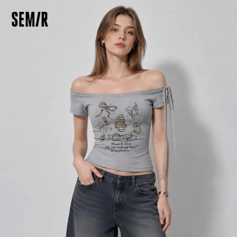 Semir Women Tshirt Lace One Shoulder Print Slim Cropped Top 2026 Summer Trendy