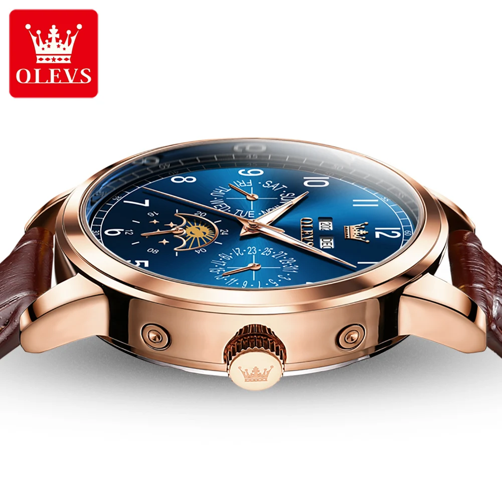 OLEVS 6698 Moon Phase Mechanical Watch for Men Number Dial Fashion Leather Strap Hand Clock Waterproof Automatic Man Watch 2025