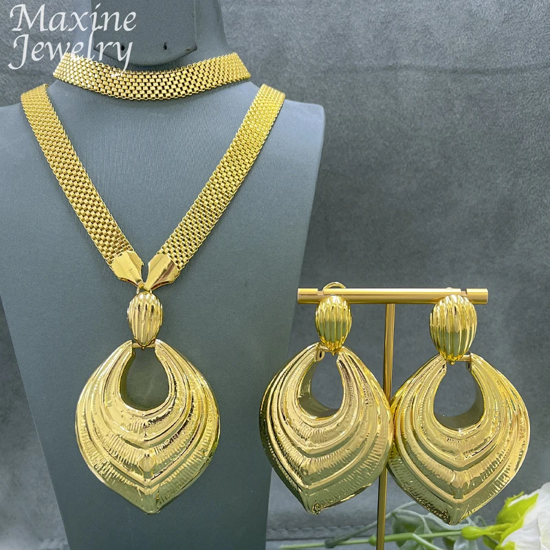 

Dubai Texture 24K Gold Plated Jewelry Set for Women Golden Pendant Necklace Earrings Bracelet African Bridal Wedding Party Gifts