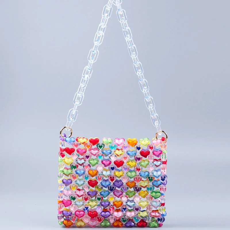 

New product acrylic love hand bill of lading shoulder large capacity women's bag handmade beaded fashion color heart