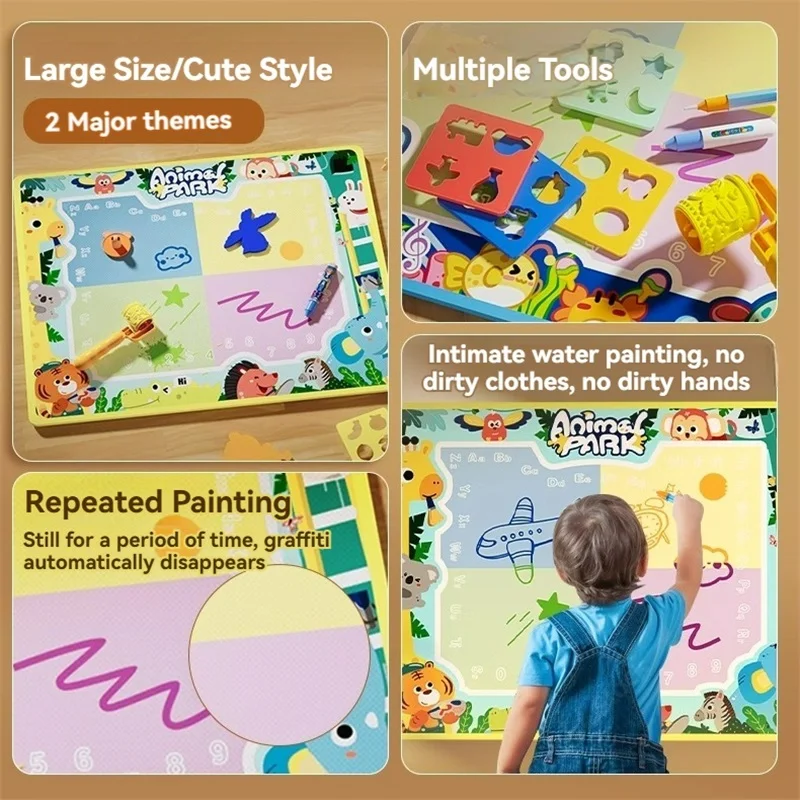 Montessori 100x80CM Magic Water Drawing Mat Coloring Doodle With Reusable Magic Pens Painting Board Educational Toys Boys Girls