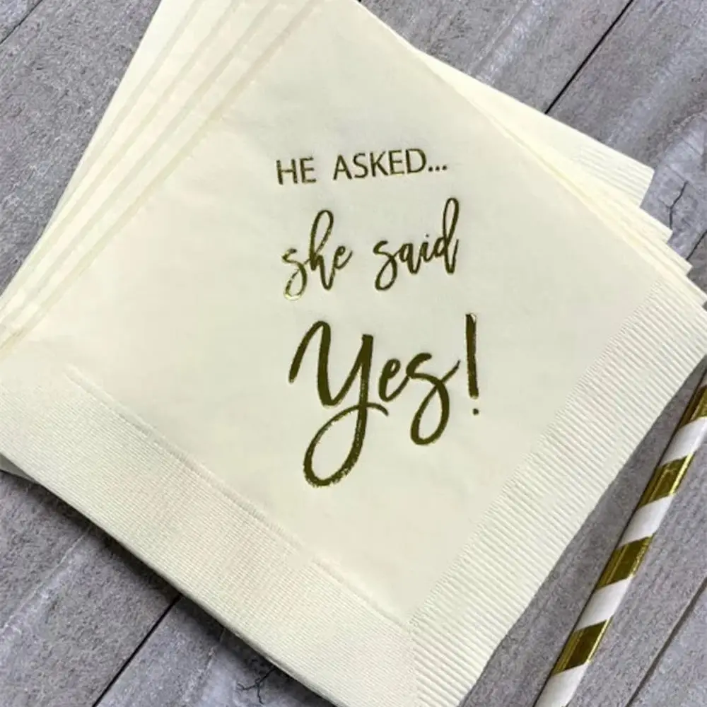 50pcs Ivory Ecru with Metallic Gold Foil Cocktail Beverage Napkins He Asked She said Yes Engagement Party