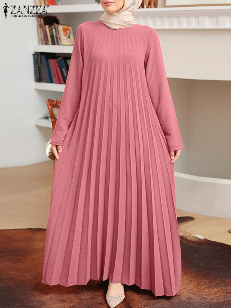 ZANZEA-vestido plisado elegante de manga larga para mujer, vestido veraniego de otoño, Abaya musulmana, Turquía, Hijab de Dubái, bata holgada lisa 2024