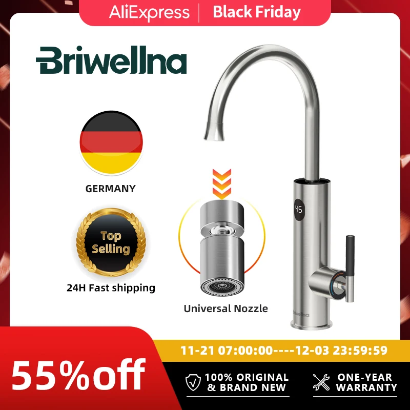 Briwellna Instant Hot Water Tap With Flexible Extender Nozzle 220V Electric Faucet Stainless Steel Heating Tap Geyser Faucet