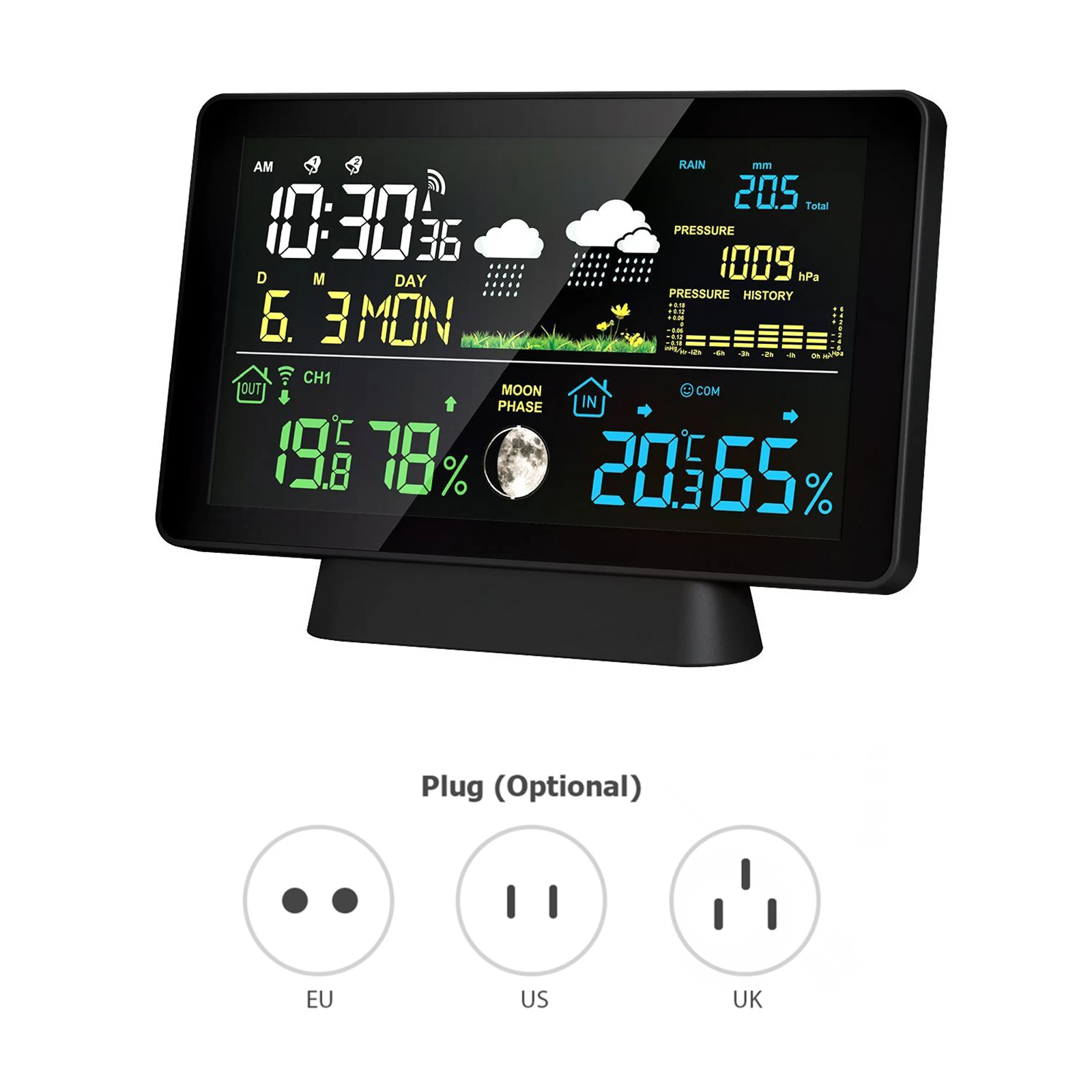 Wireless Weather Station 8-in-1 Indoor/Outdoor Thermometer Temperature Display Rain Gauge Digital Clock 7.5-inch Touchscreen
