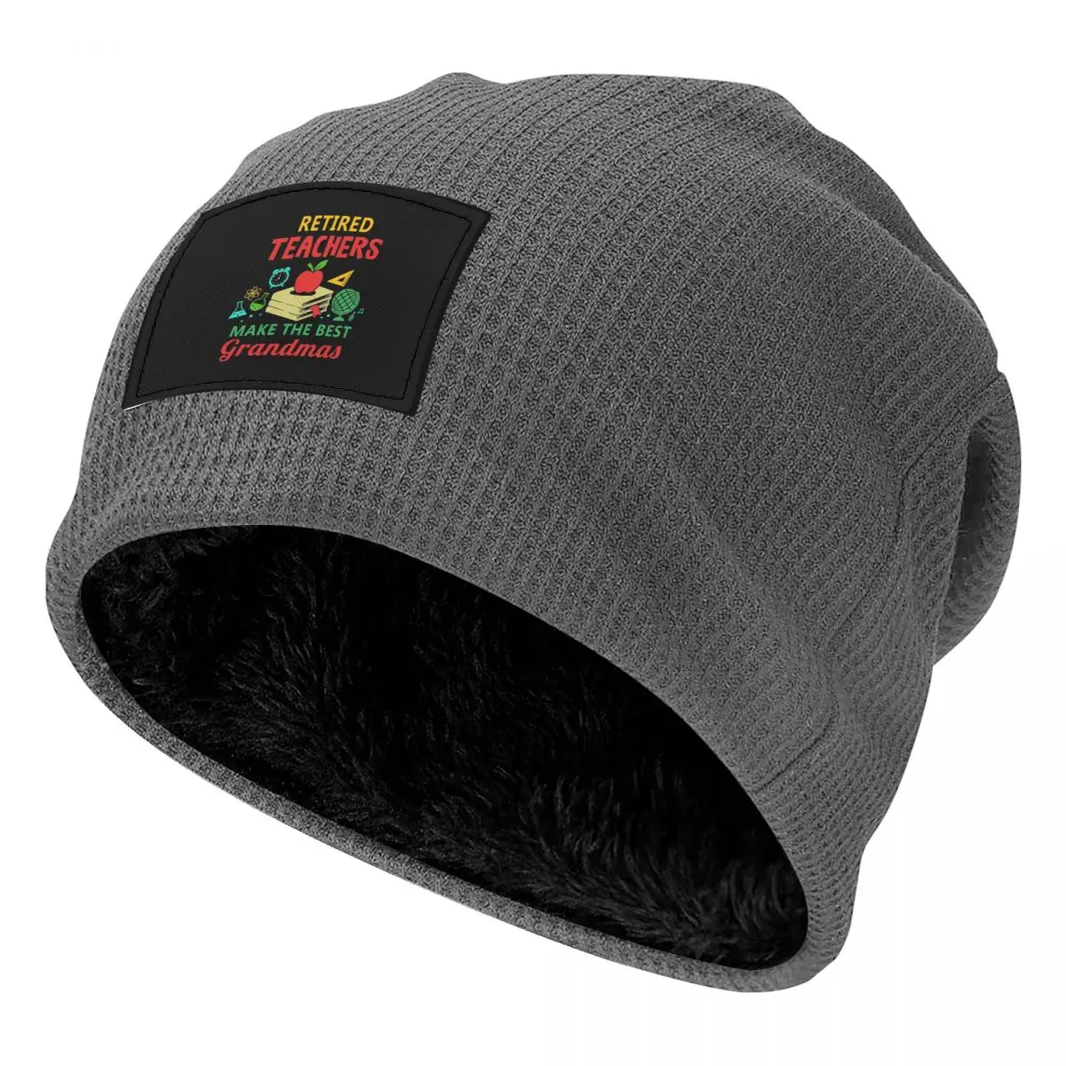 Retired Teachers Make The Best Grandmas Waffle Knit Fleece Lined Beanie with PU Leather Patch Unisex Warm Winter Soft Cap
